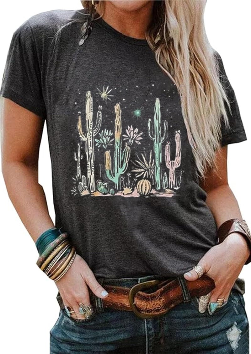MHTOR Western Cactus Horse T-Shirt Cactus Shirts for Women Desert Horse Graphic Tee Casual Cowgirl Vintage Short Sleeve Tops(Small,C-Dark Grey) - Image 1